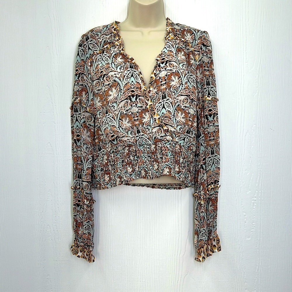 Anthropologie - Paisley Floral Printed Blue Motif Ruffle Deep V Blouse Medium